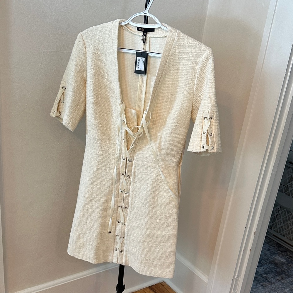 Maje Cream Mini Dress with Lace-Up Details
